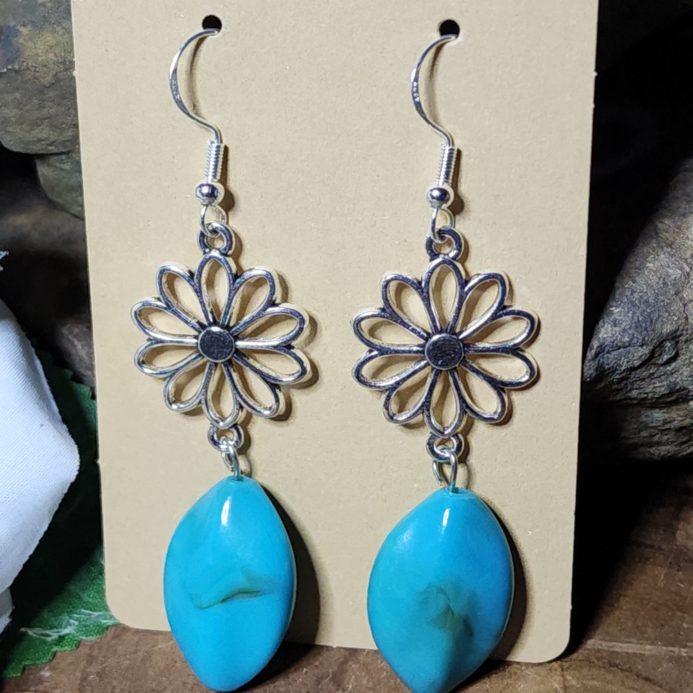 Hand Crafted Faux Turquoise and Silver Toned Floral Earrings - Picture 3 of 9